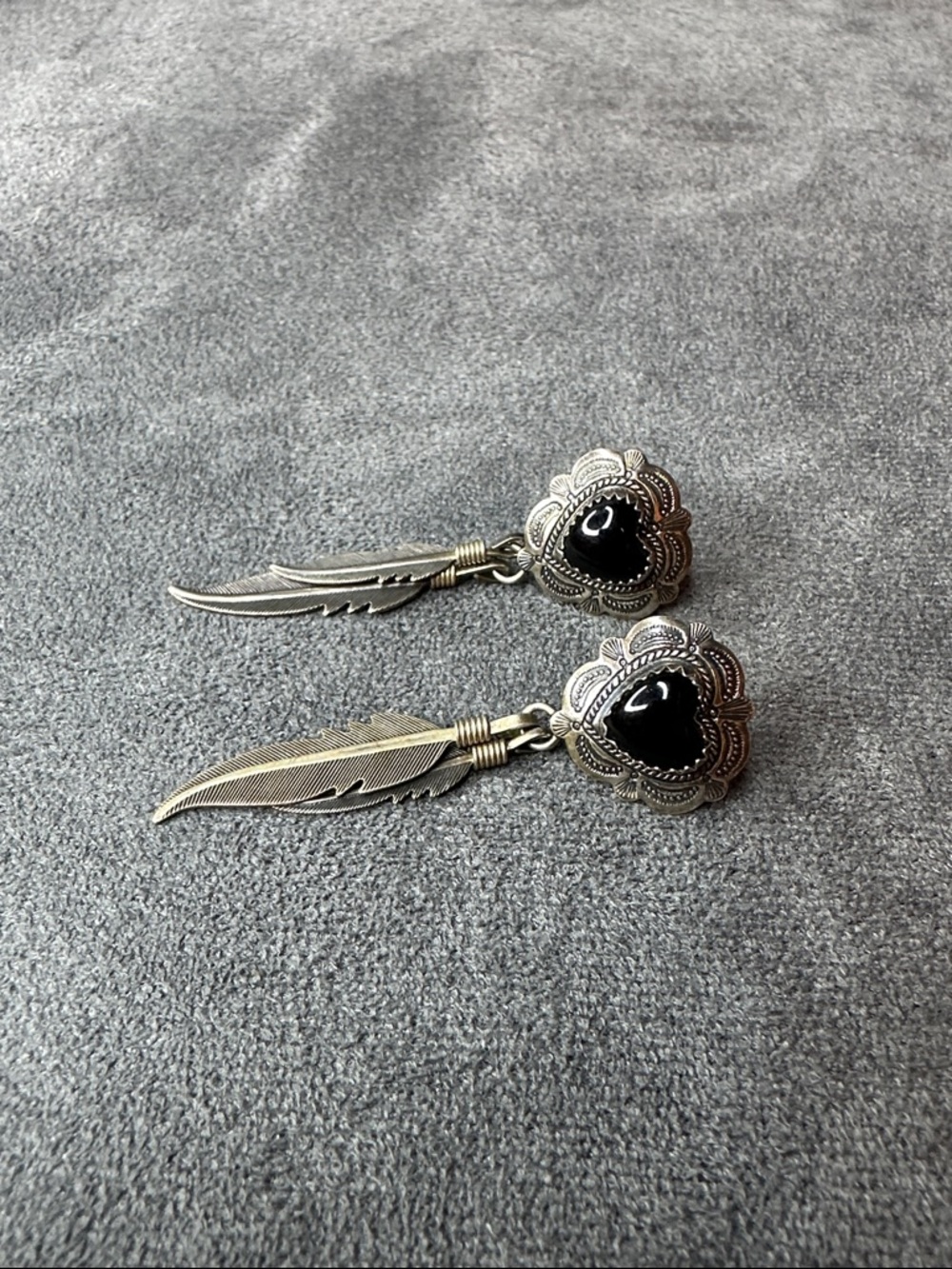 Sterling Silver Heart & Feather Drop Earrings with Black Stone